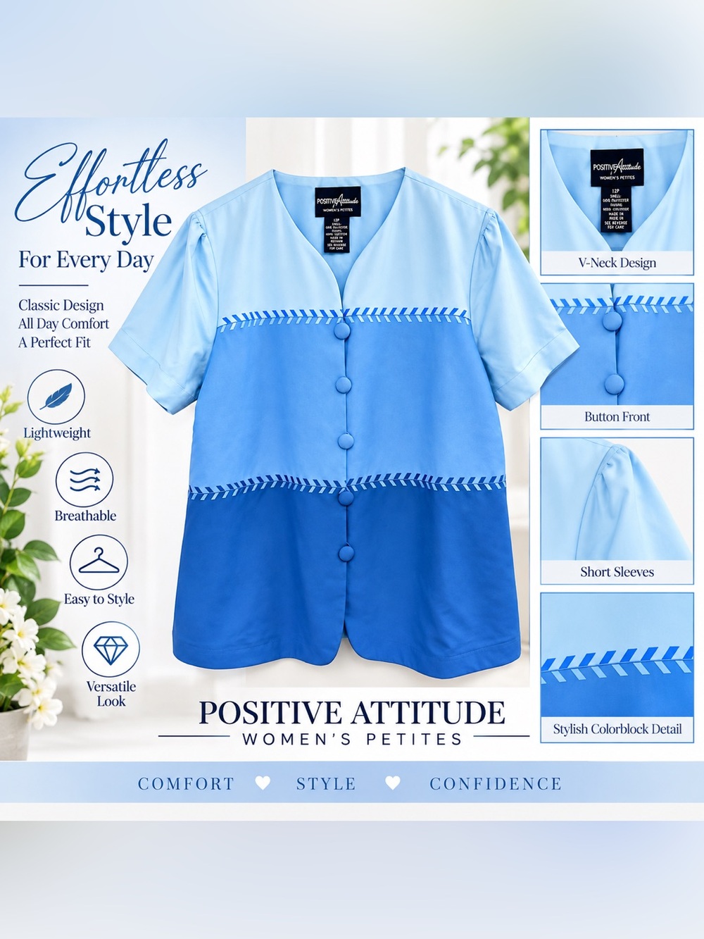 Positive Attitude Women's Blue Ombre Button-Front Short Sleeve Shirt